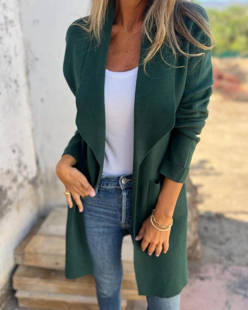 Long open-front revers cardigan in dark green knit with front pockets