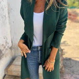Long open-front revers cardigan in dark green knit with front pockets