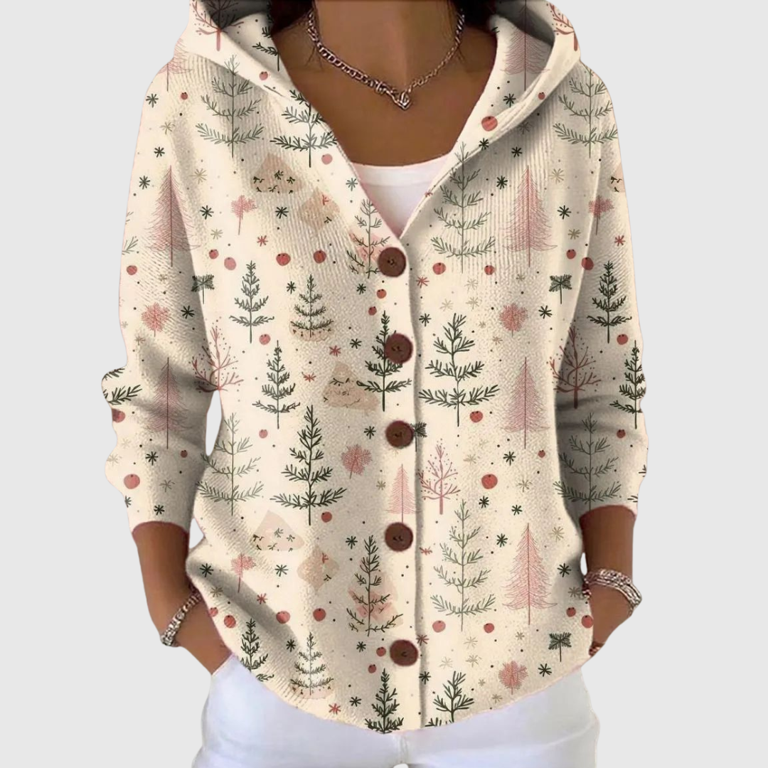 Cream knit cardigan with hood, front buttons, allover Christmas tree print