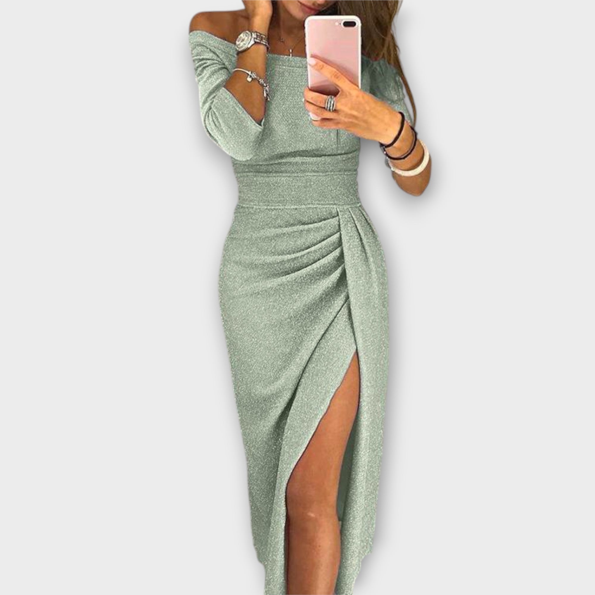 Lena™ off-shoulder dress in mint green with long sleeves and side slit