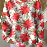 Women's long-sleeve crewneck sweatshirt, white with red poinsettia floral pattern