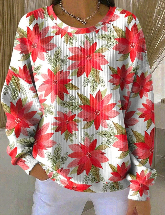 Women's long-sleeve crewneck sweatshirt, white with red poinsettia floral pattern