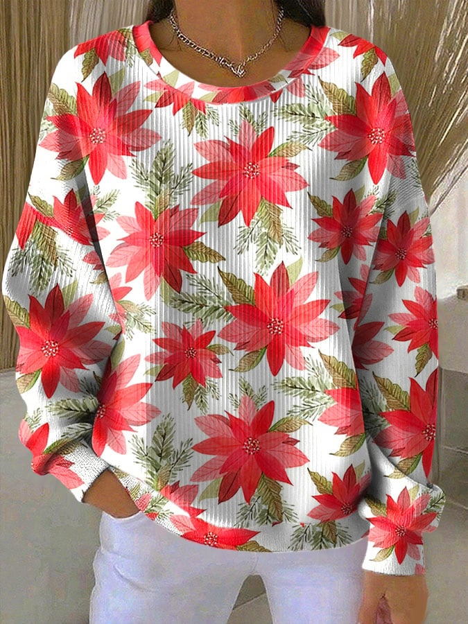 Women's long-sleeve crewneck sweatshirt, white with red poinsettia floral pattern