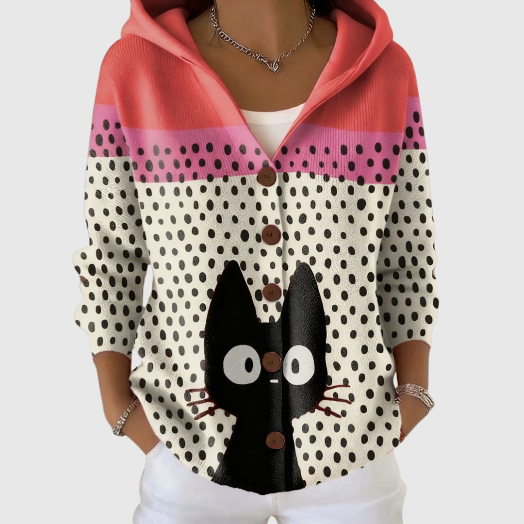 Cozy knit hooded cardigan with button front, coral hood, polka-dot and graphic panel