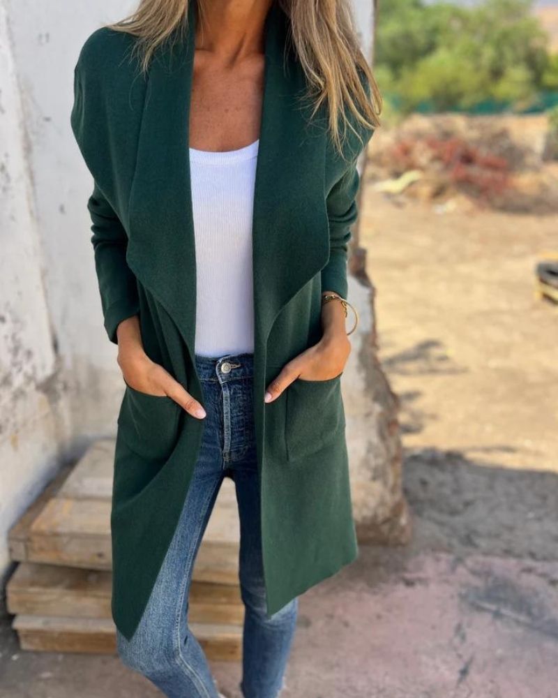Long open-front revers cardigan, dark green knit, draped lapels and pockets