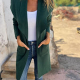 Long open-front revers cardigan, dark green knit, draped lapels and pockets