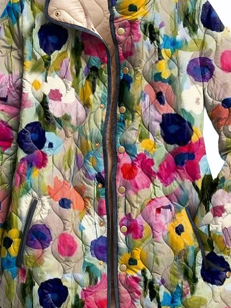 Quilted floral jacket detail with multicolor buttons and cream stand collar.