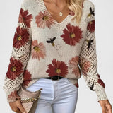 Relaxed floral pullover sweater, cream knit with red floral print, V-neck, long sleeves