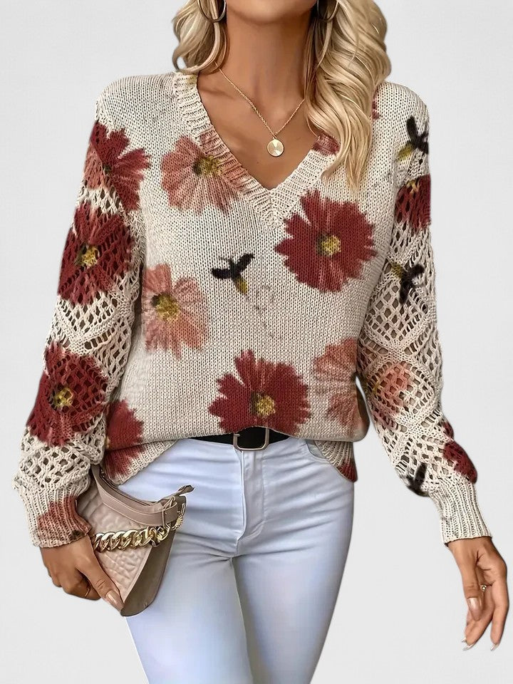 Relaxed floral pullover sweater, cream knit with red floral print, V-neck, long sleeves