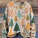Festive knit sweater with light base, multicolor tree and ornament prints, crew neck