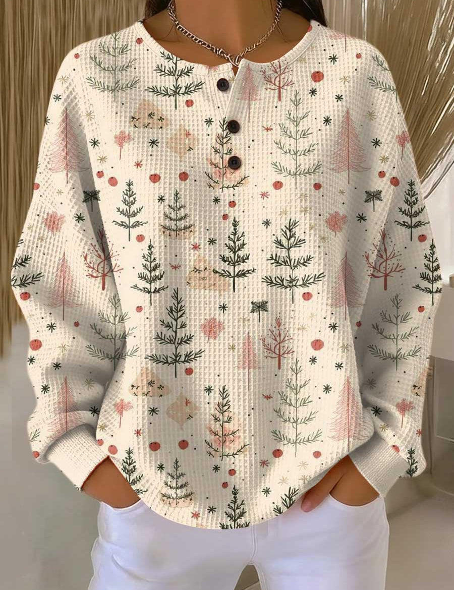 Mathilde™ autumn printed knit blouse with button placket and woodland pattern