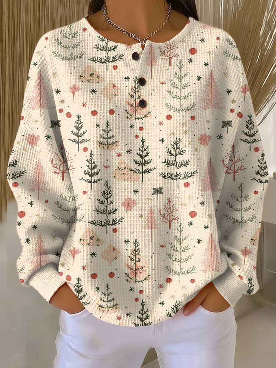 Mathilde™ autumn printed knit blouse with button placket and woodland pattern