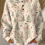 Mathilde™ autumn printed knit blouse with button placket and woodland pattern