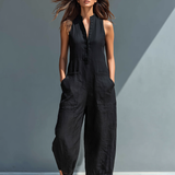 Minimalistischer Damen-Jumpsuit mit Stehkragen, Knopfleiste und lässiger, lockerer Passform