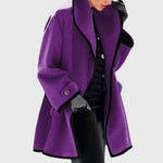 Maria™ purple fleece jacket with black trim, open front, long sleeves, button cuff