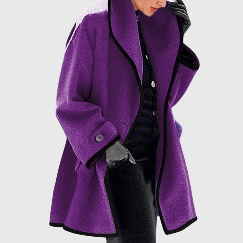 Maria™ purple fleece jacket with black trim, open front, long sleeves, button cuff