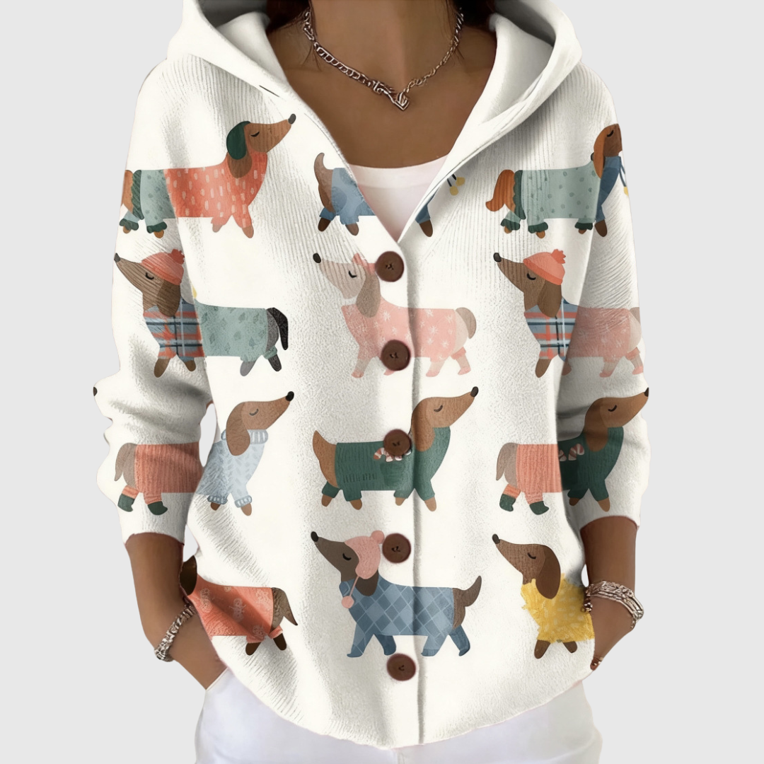Cozy knit cardigan with hood, white, button front, long sleeves, colorful dachshund print