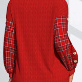 Red pullover sweater back view with plaid puff sleeves and buttoned cuffs