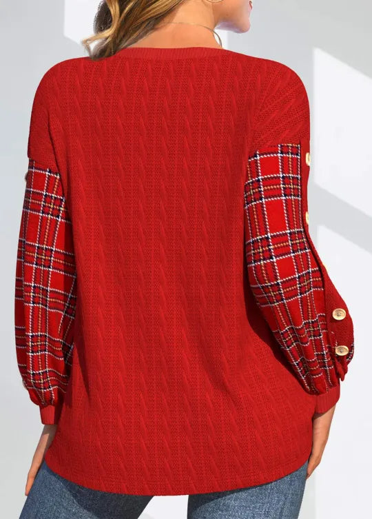 Red pullover sweater back view with plaid puff sleeves and buttoned cuffs