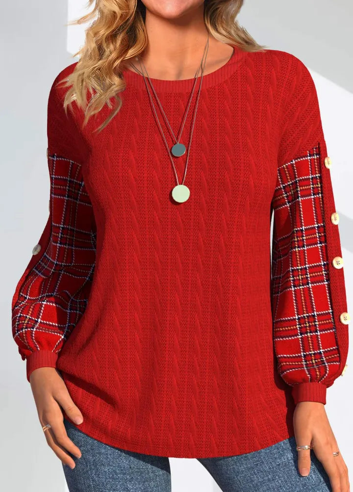 Red pullover with round neck and plaid puff sleeves, buttoned cuffs