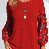 Red pullover with round neck and plaid puff sleeves, buttoned cuffs