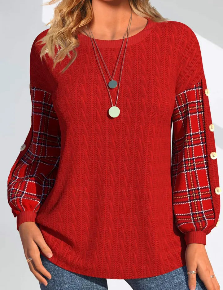 Red pullover with round neck and plaid puff sleeves, buttoned cuffs