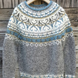 Gray knit pullover with blue crew neck and fair isle pattern, long sleeves