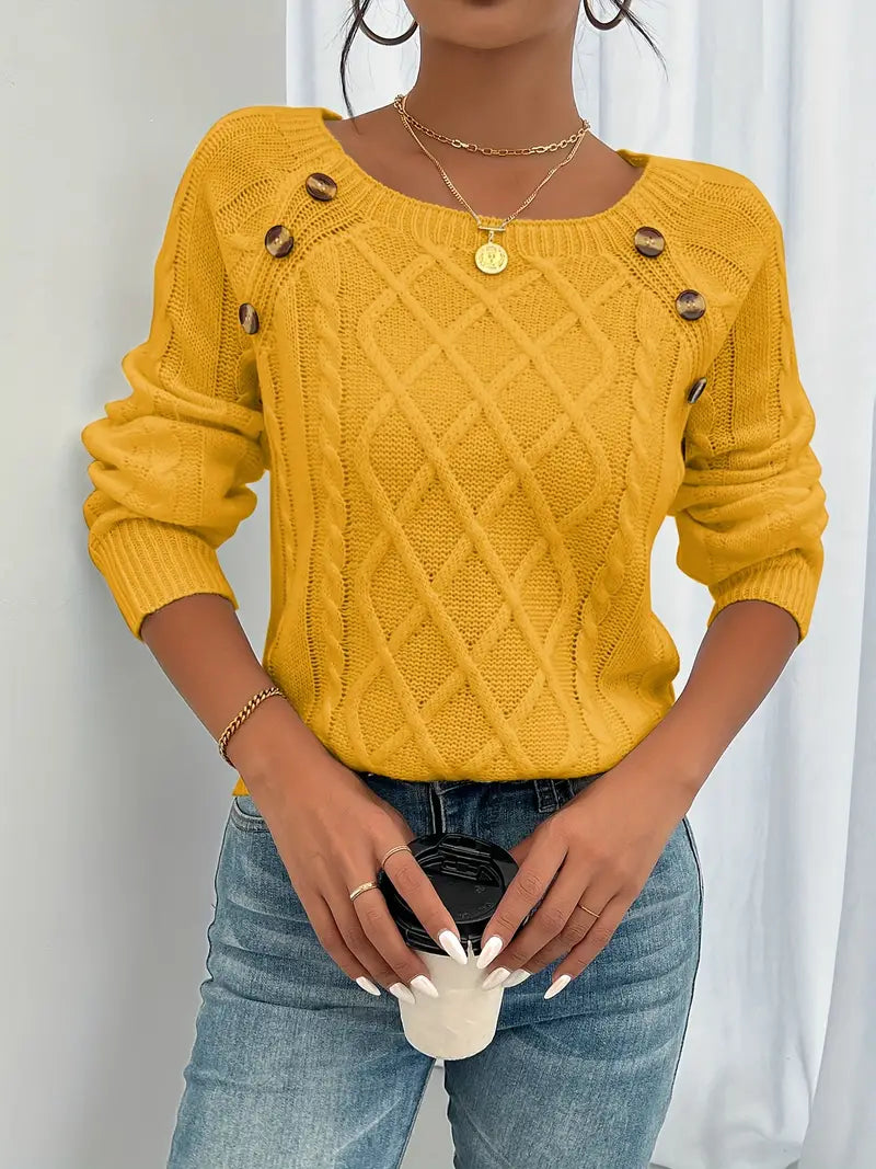 Cable-knit long-sleeve sweater, mustard yellow, round neck with decorative buttons on shoulders