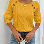 Cable-knit long-sleeve sweater, mustard yellow, round neck with decorative buttons on shoulders
