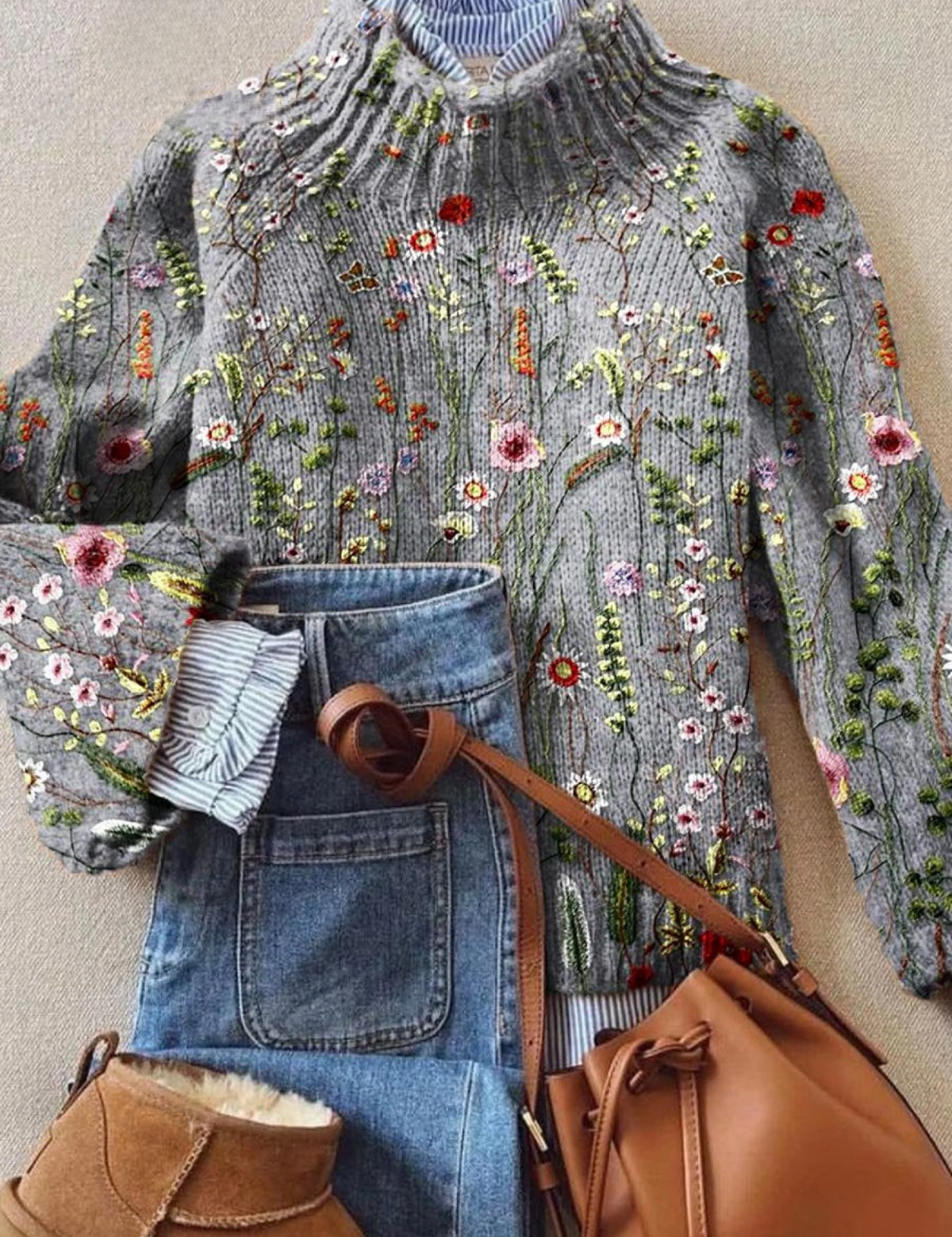 Gray floral knit pullover sweater with multicolor blossoms, mock neck, long sleeves
