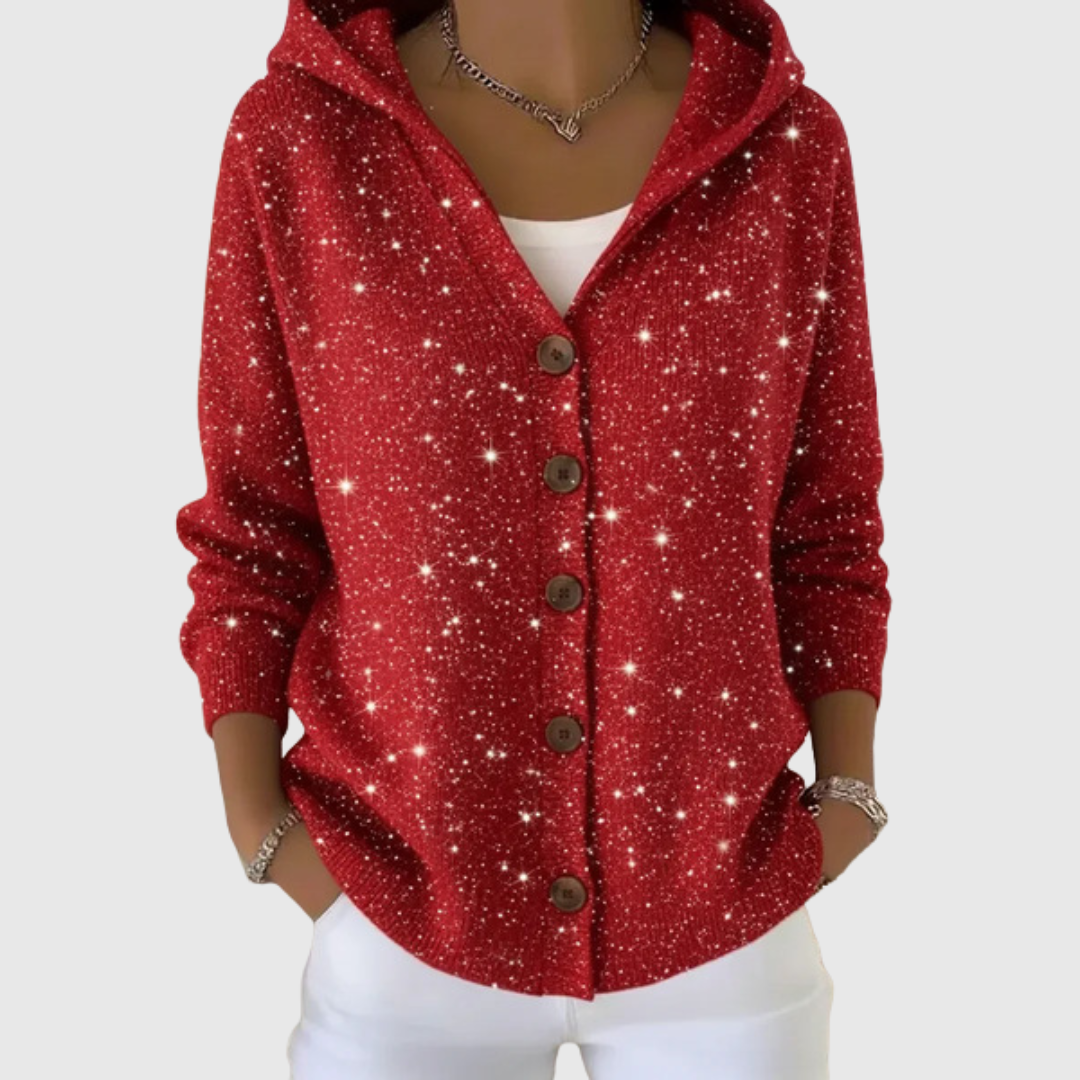 Cozy red knitted hoodie cardigan with hood and five-button front, speckled texture
