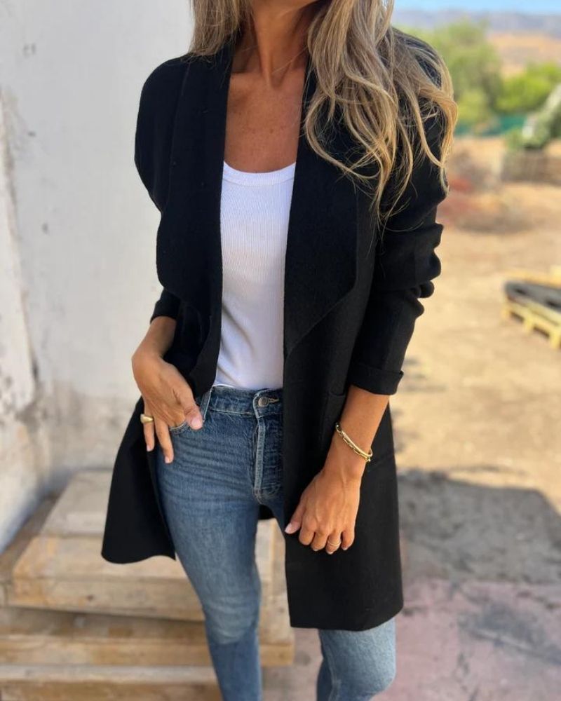 Long open-front revers cardigan in black knit with draped lapels and pockets