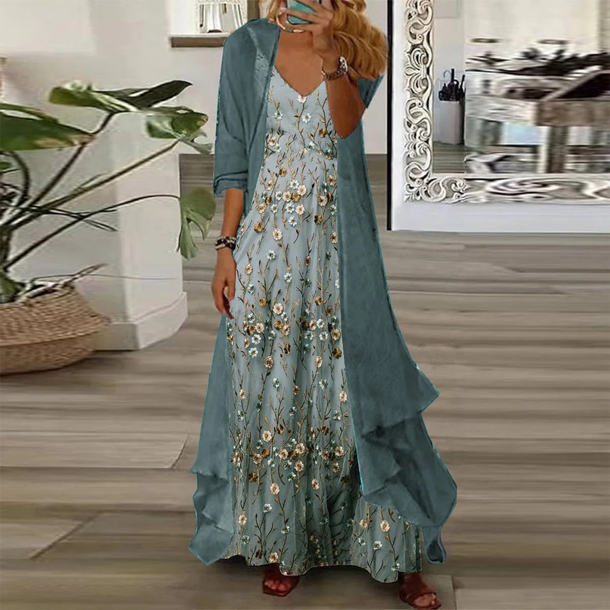 Two-piece floral maxi dress set: teal dress with gold blooms and matching sheer shawl