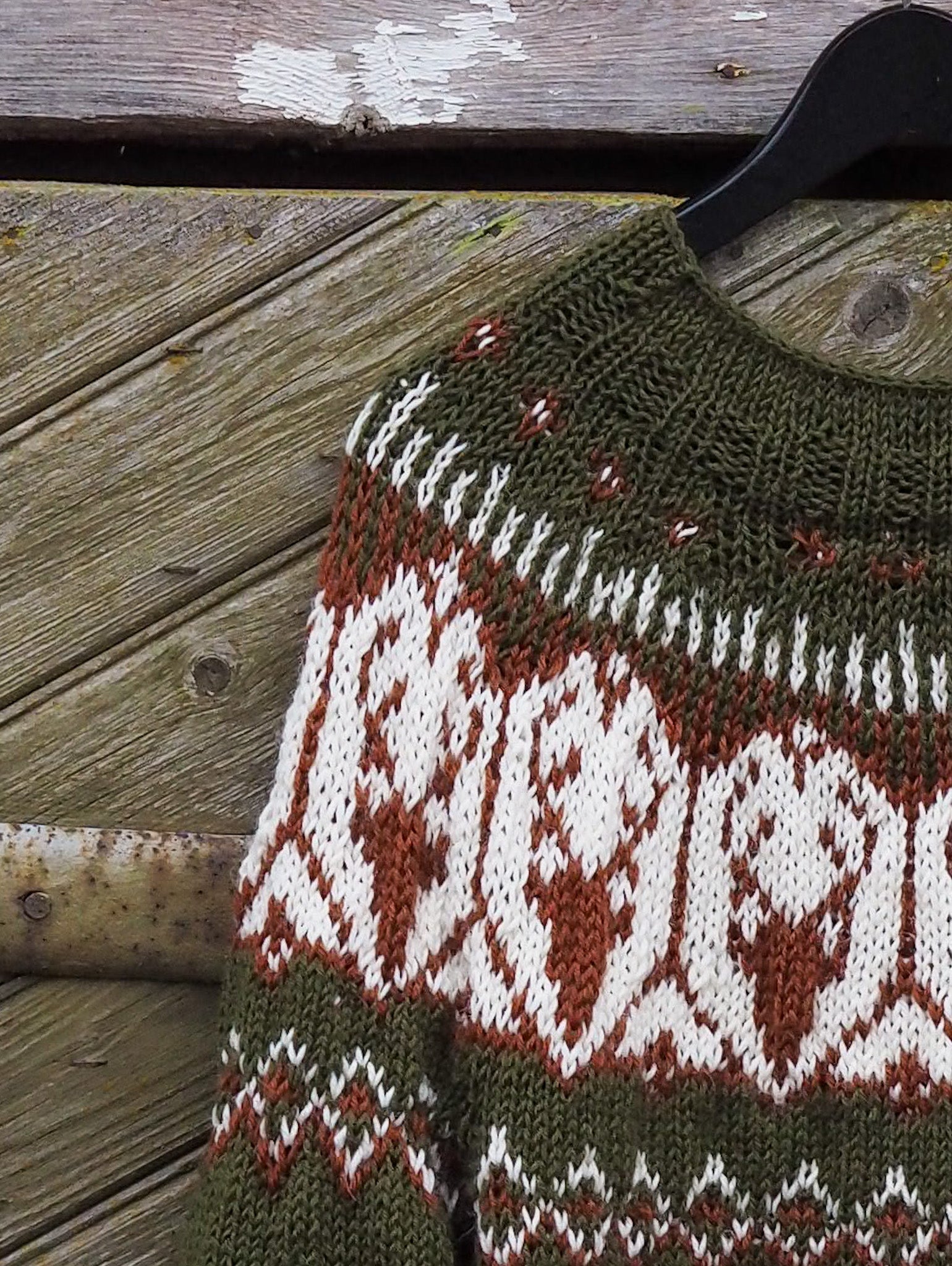 Olive Fair Isle knit pullover close-up with white patterned band at chest