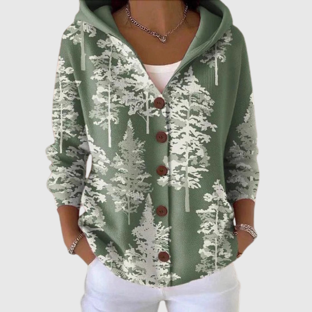Green knit hooded cardigan with button front and allover tree print