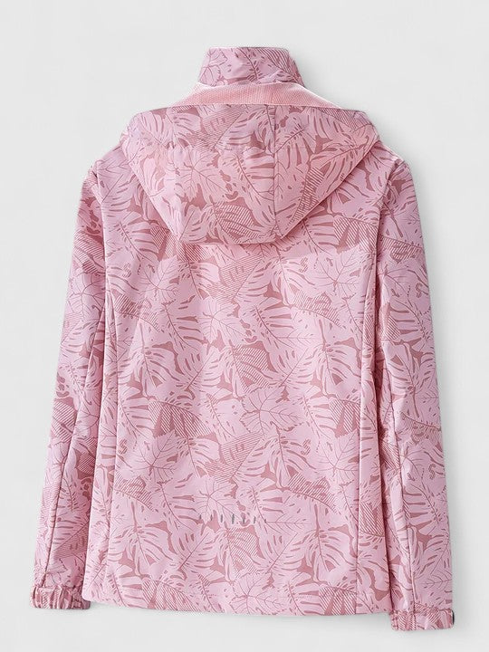 Light pink hooded jacket with back view of hood and leaf-patterned fabric