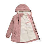 Insulated winter jacket with hood, pink shell, plush fleece lining, front zipper