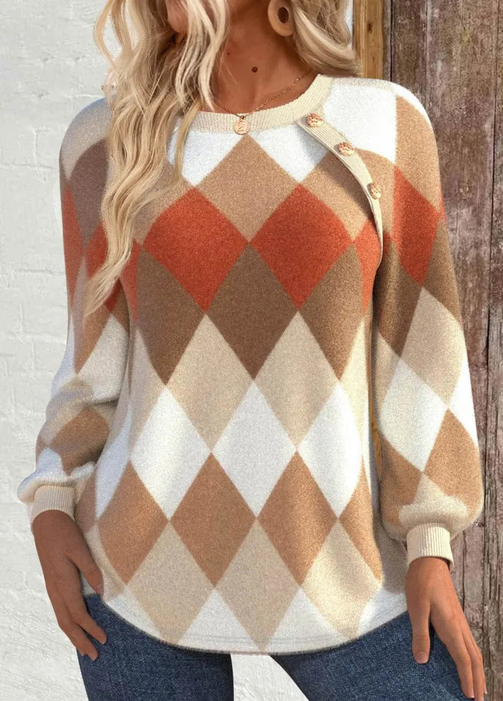 Crewneck argyle knit sweater with button placket, cream and rust diamonds, long sleeves