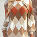 Crewneck argyle knit sweater with button placket, cream and rust diamonds, long sleeves