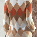 Argyle diamond knit sweater back, cream with rust and tan checks, long sleeves