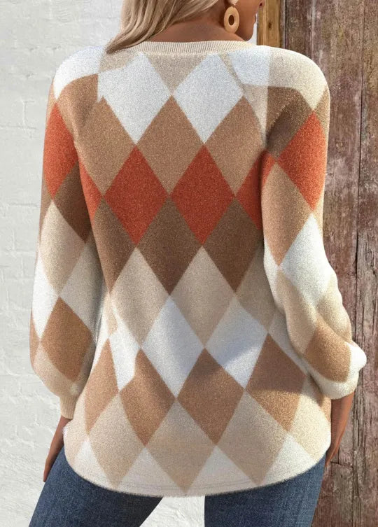 Argyle diamond knit sweater back, cream with rust and tan checks, long sleeves
