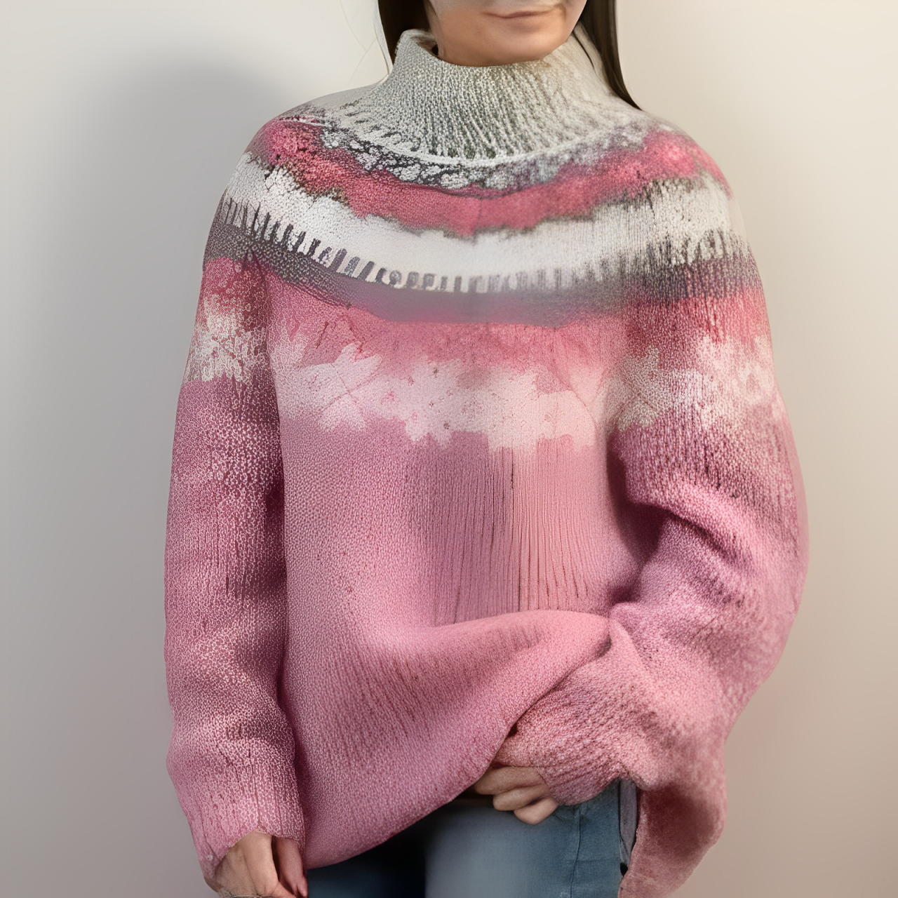 Vintage knit pullover sweater, crew neck, pink fair isle pattern with white accents