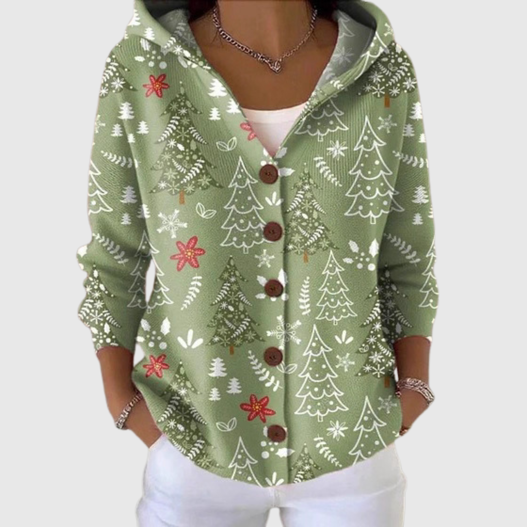 Green knit hooded cardigan with button front and winter tree pattern