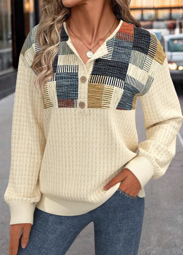 Cream patchwork knit sweater with square yoke and button front