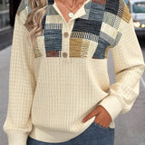 Cream patchwork knit sweater with square yoke and button front