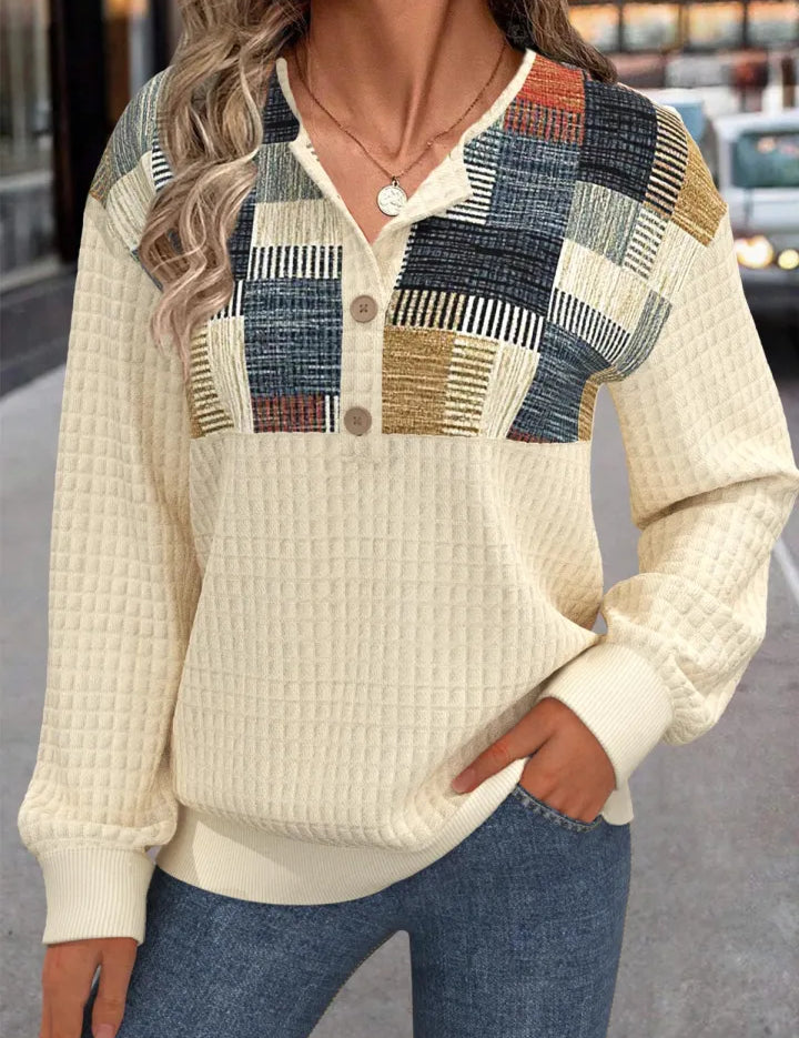 Cream patchwork knit sweater with square yoke and button front
