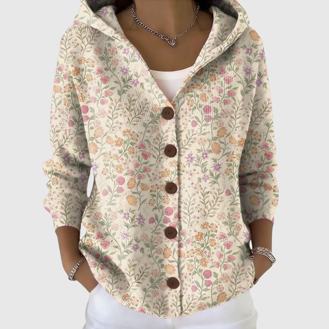 Light cream floral knit cardigan with hood, button front, long sleeves