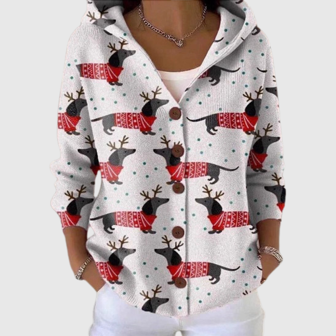 Cozy knit hooded cardigan in light color with reindeer and candy-cane pattern, button front