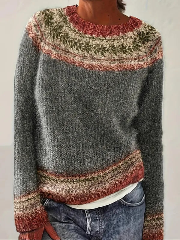 Womens knit pullover with crew neck, long sleeves, multicolor patterned yoke and hem trim