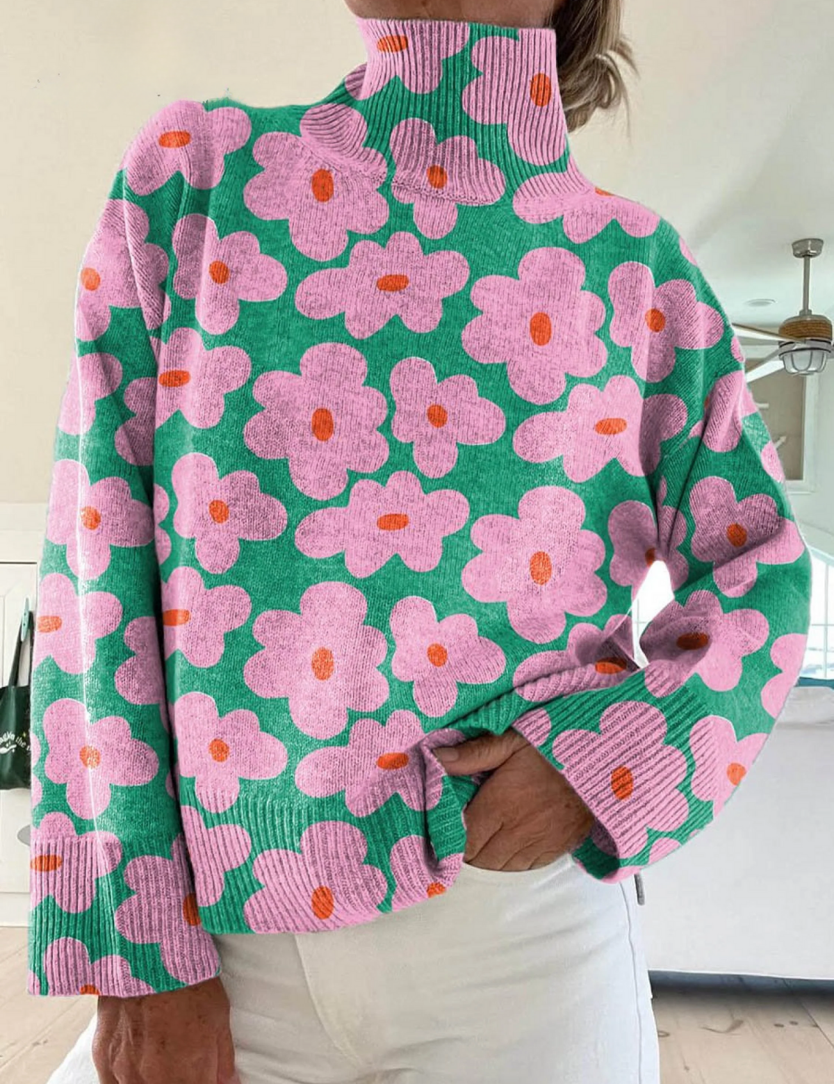 Aspen floral knit pullover sweater with high neck, long sleeves, multicolor pink-green flowers